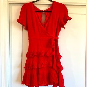 Call Me Cute Red Swiss Dot Tiered Faux Wrap Mini Dress